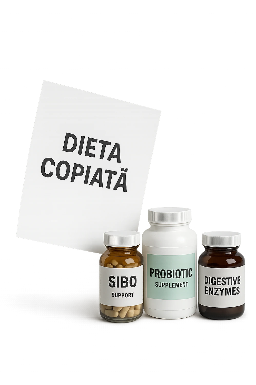 FOGLIO DI CARTA FLUTTUA IN ARIA CON LA SCRITTA "DIETA COPIATA", INSIEME A BARATTOLI DI INTEGRATORI PER CURARE IL SIBO, IPERREALISTICO 4K, NON DISEGNATO emoji