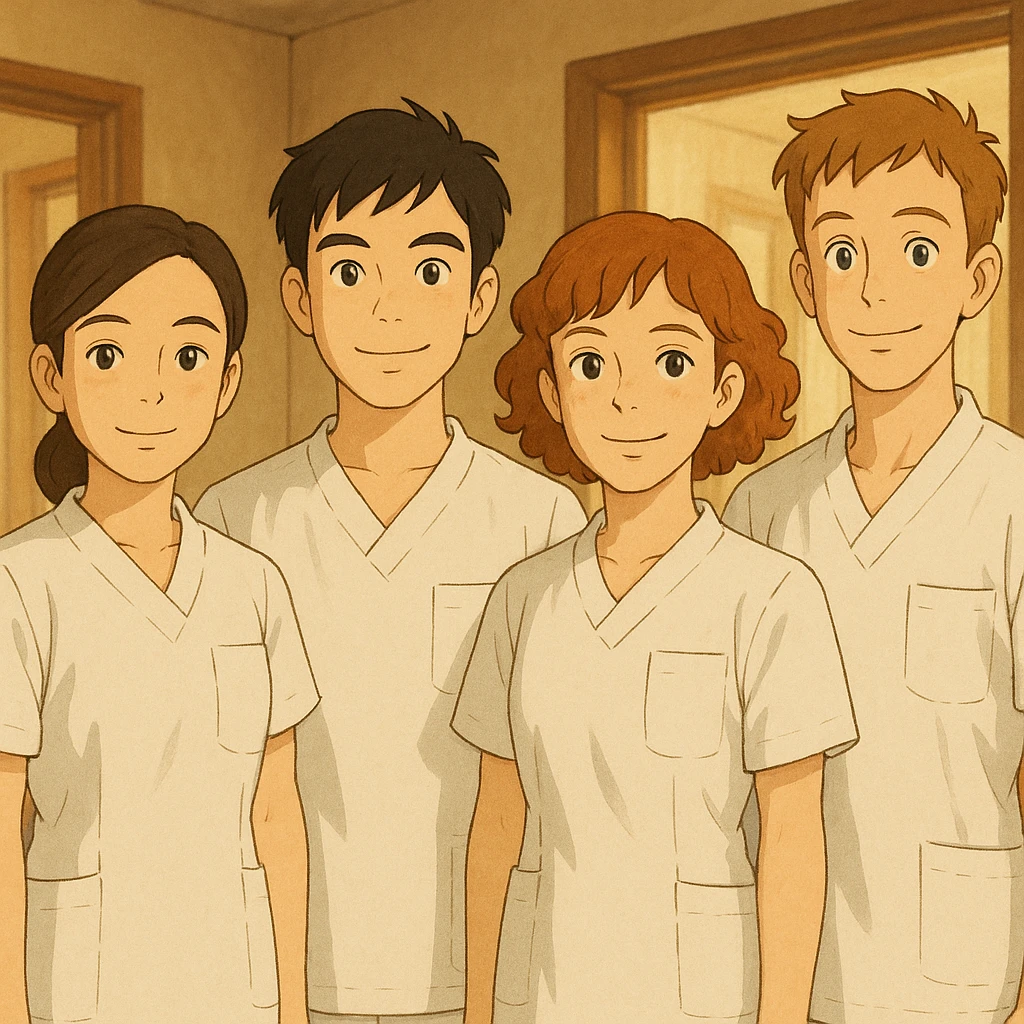Four nursing students standing side by side, inspired by the four provided faces, in a warm indoor atmosphere, wearing white short-sleeve medical tunics with V-neck, left chest pocket, no collar, no undershirt, no stethoscope, Ghibli style. emoji