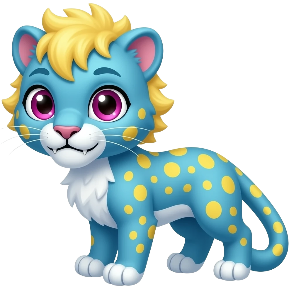 Adorable Cyan Four-legged digitigrade Chibi Panther with big adorable eyes, yellow spots, yellow mane, and magenta eyes, and snagletooth emoji