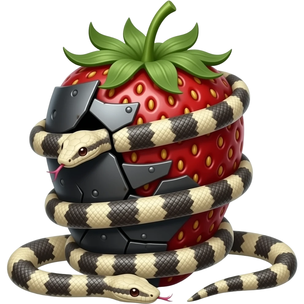 steampunk - rusty broken mechanical steel black strawberry, wrapped in albino boa snakes emoji