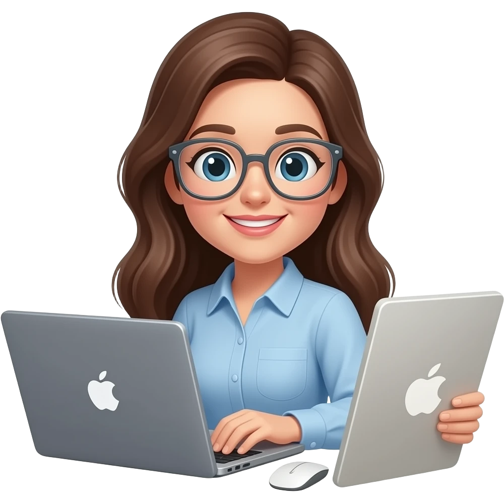 woman with long hair working behind her laptop  with transparent glasses emoji