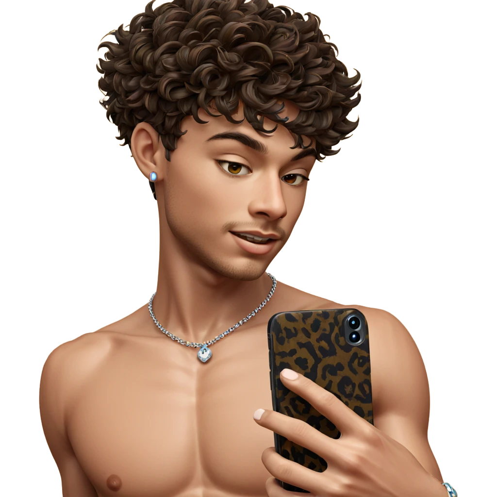 topless boy with jewelry and phone emoji