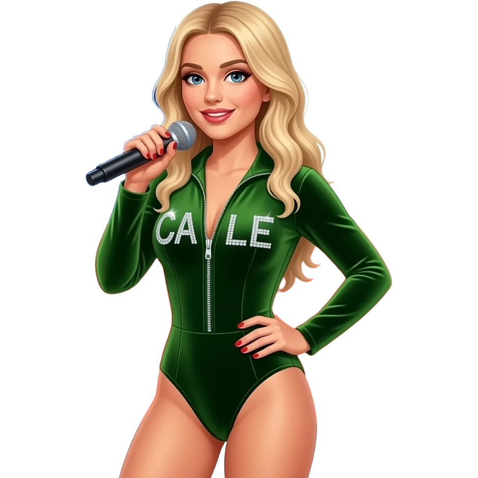 Sabrina carpenter blonde hair performing in an olive green velvet bodysuit that has Sabrina written on it in sparkly rhinestones and it has a zipper with Chile’s flag in the background emoji