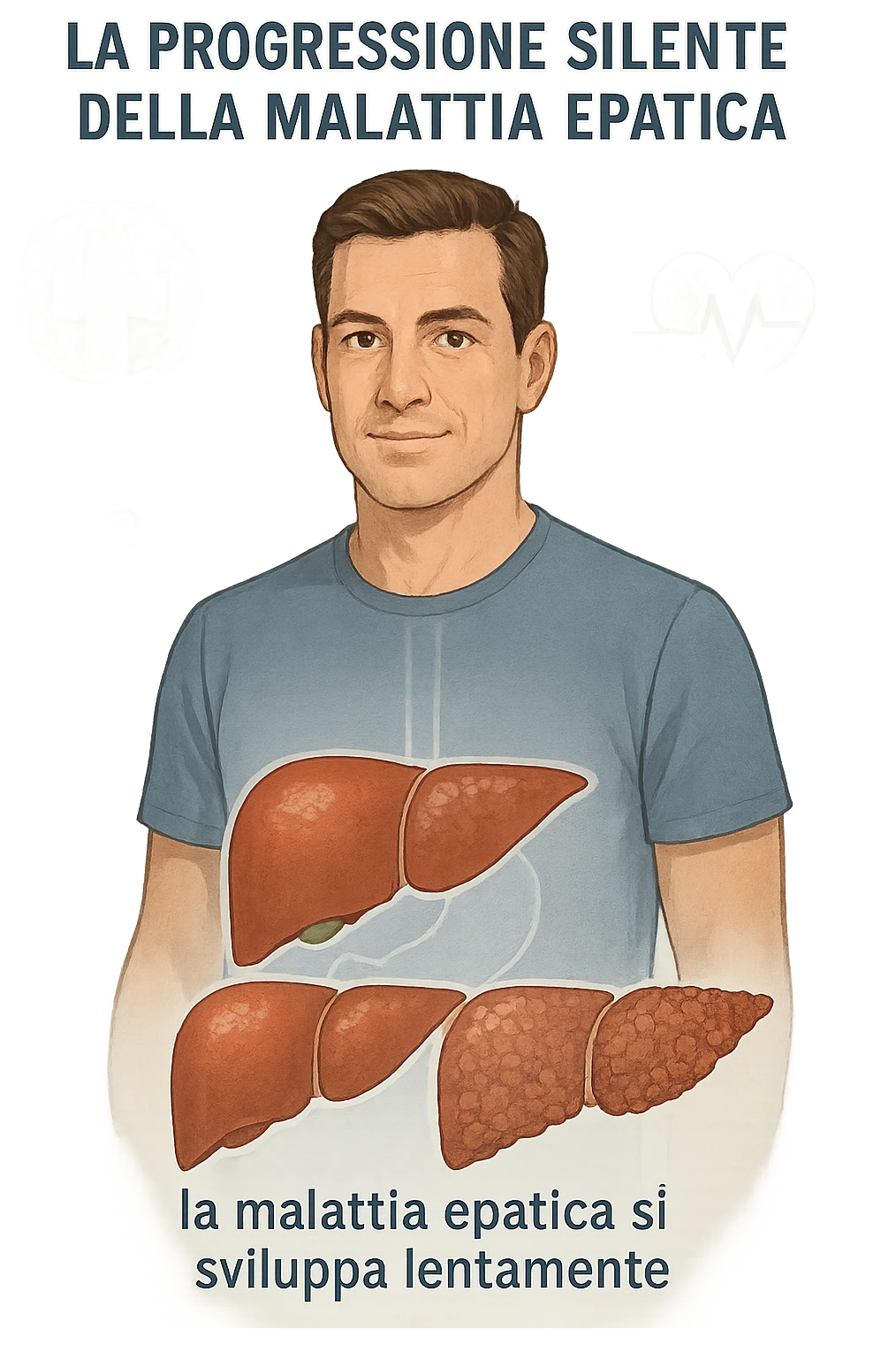 "Healthy-looking man unaware that liver disease develops slowly with most people having no symptoms until late stage A sexually transmitted infection caused by a parasite-Trichomoniasis - Symptoms & causes - Mayo Clinic, expression of false confidence in his health, transparent liver overlay showing progressive damage despite feeling normal, time-lapse visualization of gradual liver deterioration in italiano emoji