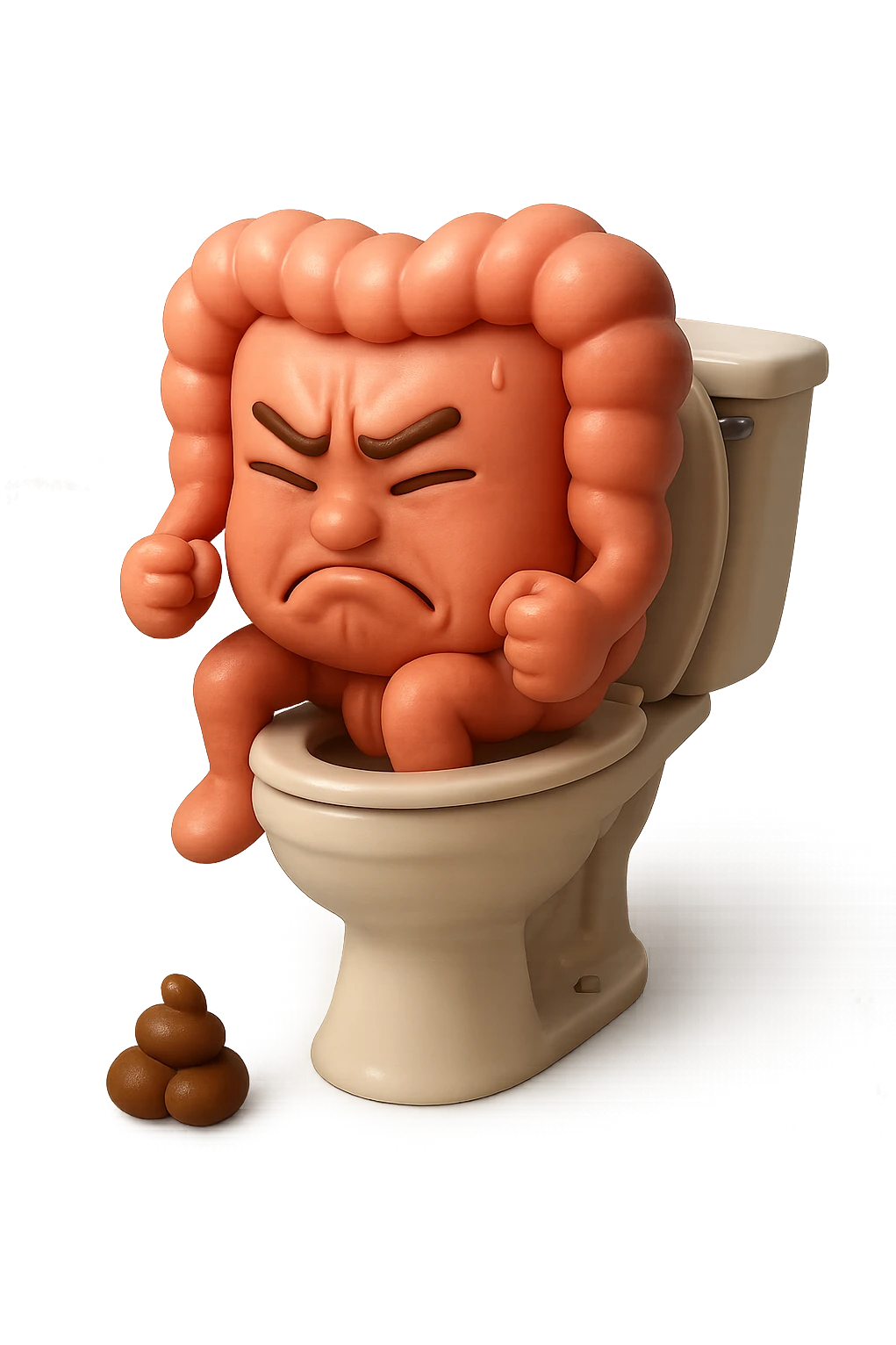 SU QUESTO STILE FAI UN EMOJI STILE IPHONE 3D DI UN INTESTINO CHE sta seduto sul wc e davanti ha una montagnetta di feci a palline stile emoji iphone, FAGLI UN ESPRESSIONE di dolore mentre si sforza E FALLO MOLTO REALISTICO IN 3D emoji