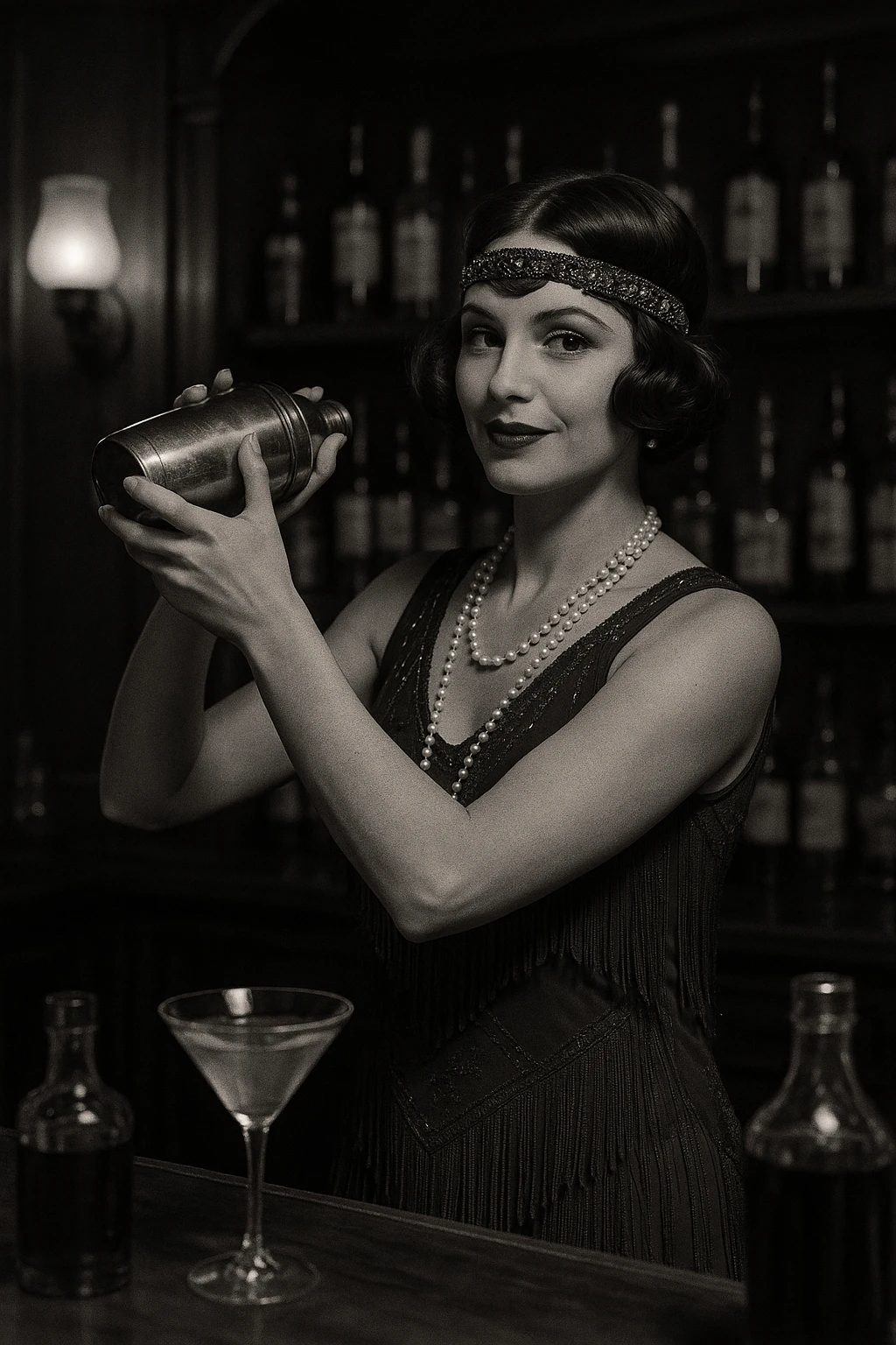 A speakeasy bartender, flapper-style, shaking a martini, prohibition era style. emoji