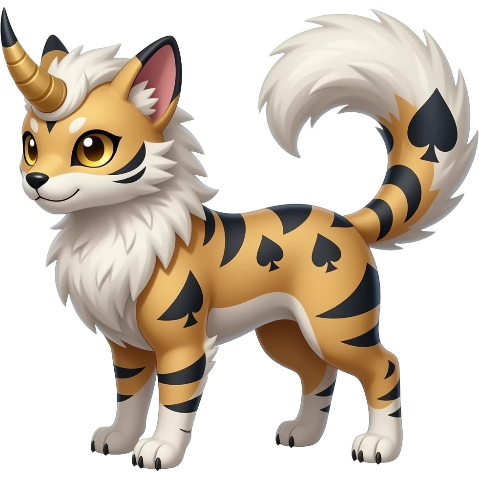Horned Digitigrade furry fuzzy elemental realistic pretty elegant sleek shiny patterned quadrupedal Randomly patterned Shinx-Pyroar-Houndour-Arcanine-Electrike-animal-hybrid, full body, with an imp-spade-tail emoji