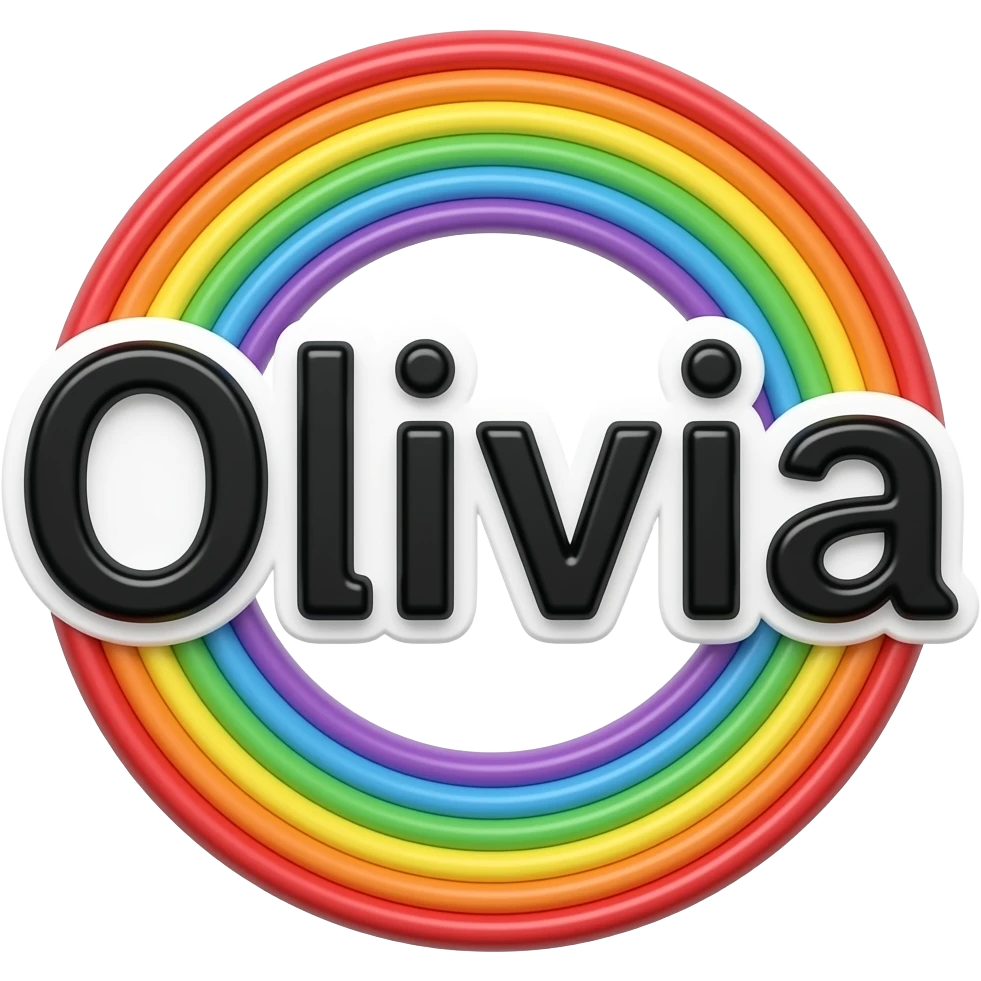 name "Olivia" in black typography lettering, each color of the rainbow as a border outlined around each letter, isolated, 3d rendering, no emoji icons no emoji faces and must have no human figures emoji