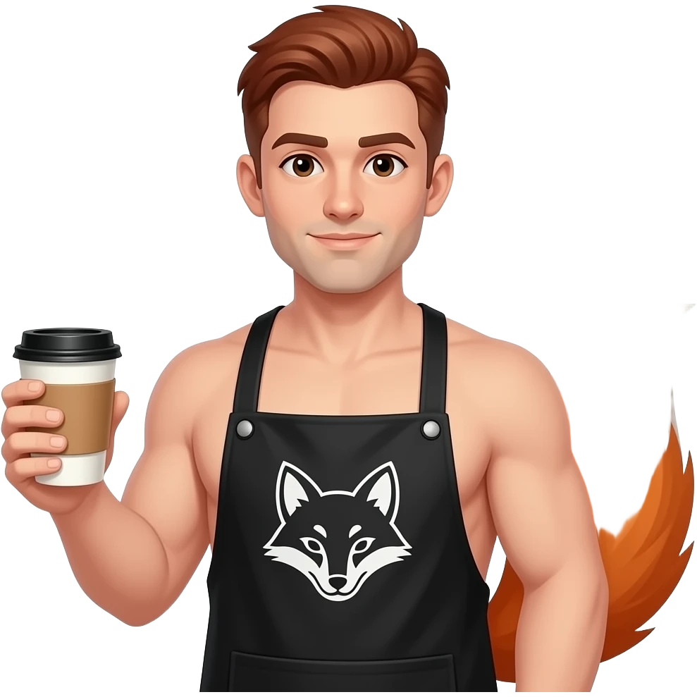 In full-grown man with brown short haircuts and red hair is standing with a cup of coffee in his hands. He has reddish leaves ears and fox tail.  He is without clothes, wearing a black barista’s apron with the pattern of a white fox (embroidery) emoji