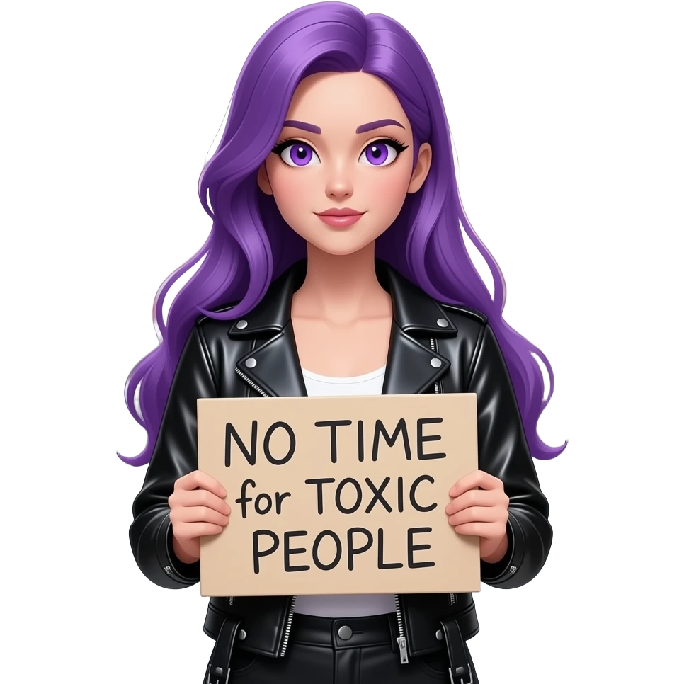 sexy girl with long purple hair and purple eyes holding a NO TIME for TOXIC PEOPLE sign emoji