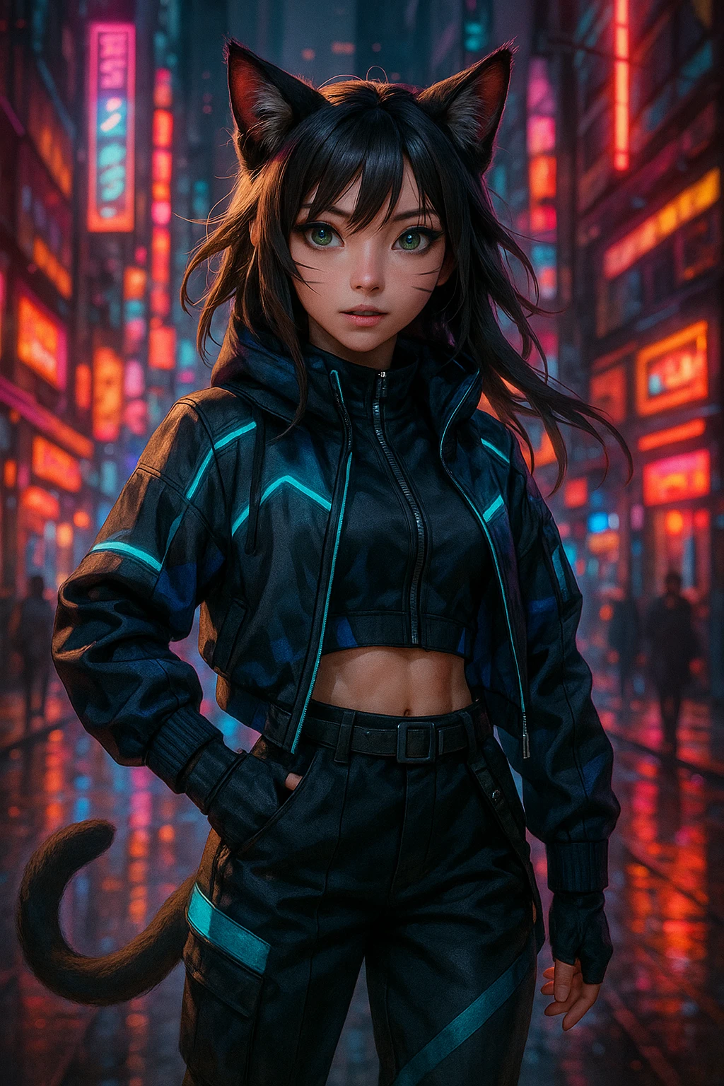 realistic anime catgirl in cyberpunk streetwear, neon lights, futuristic city background emoji