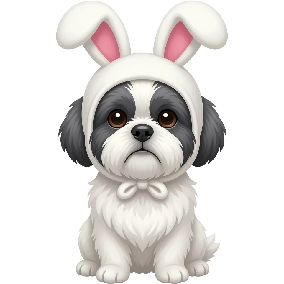 White Shih Tzu, dark ears, with a bunny hat emoji