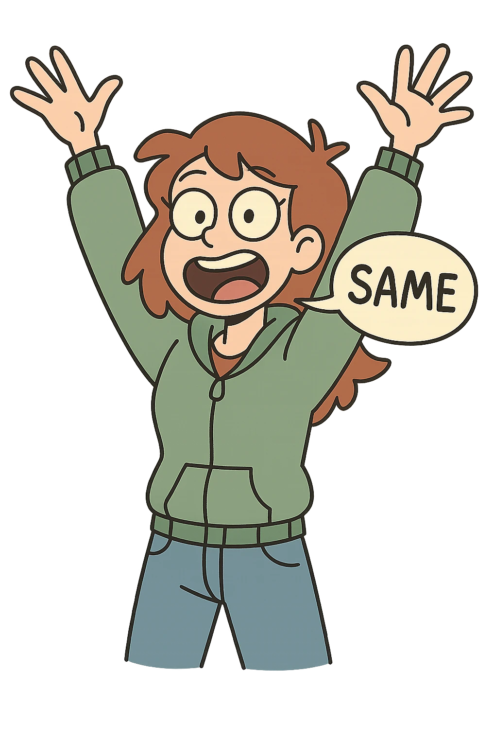 word 'same' in comic bubble, energetic style, colorful emoji