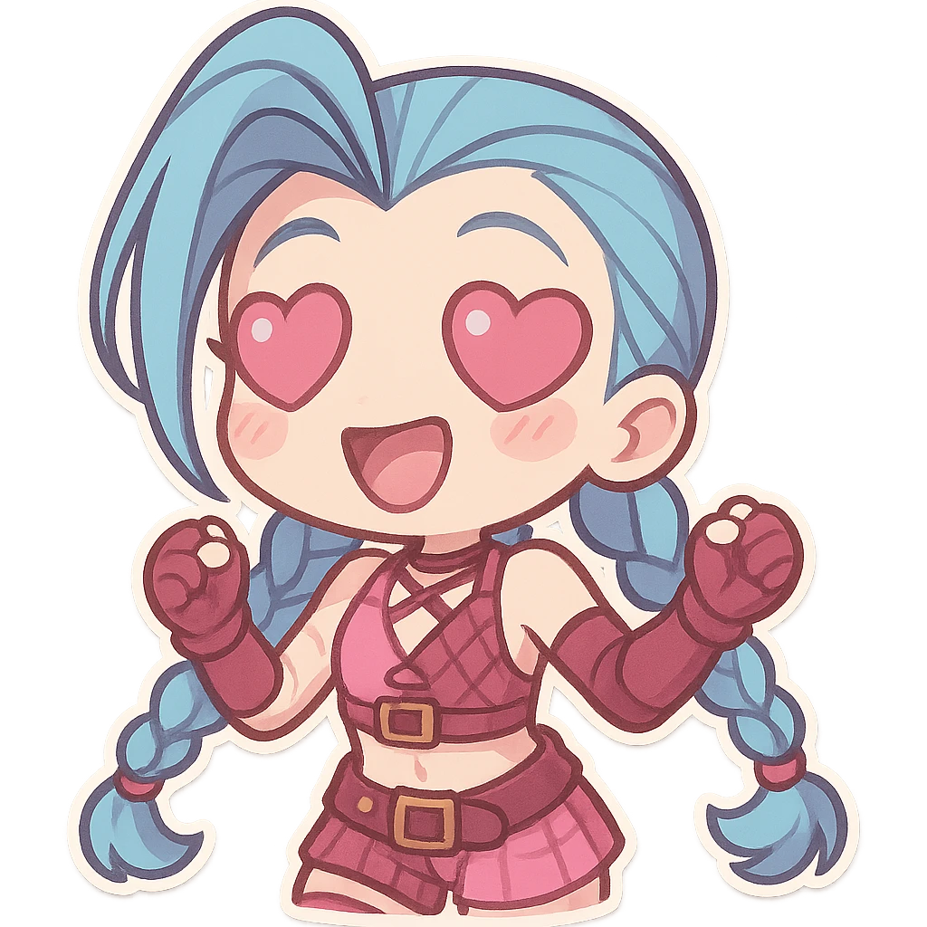 Jinx from League of Legends with heart-shaped eyes, chibi style, wearing a pink outfit emoji
