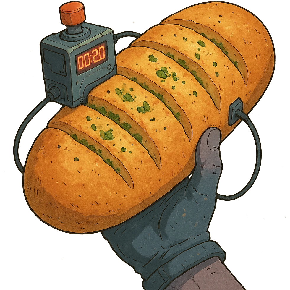 a thermonuclear hand held grenade IED, futuristic cyberpunk. The primed exlosive is garlic bread. small detonator attached to large loaf emoji