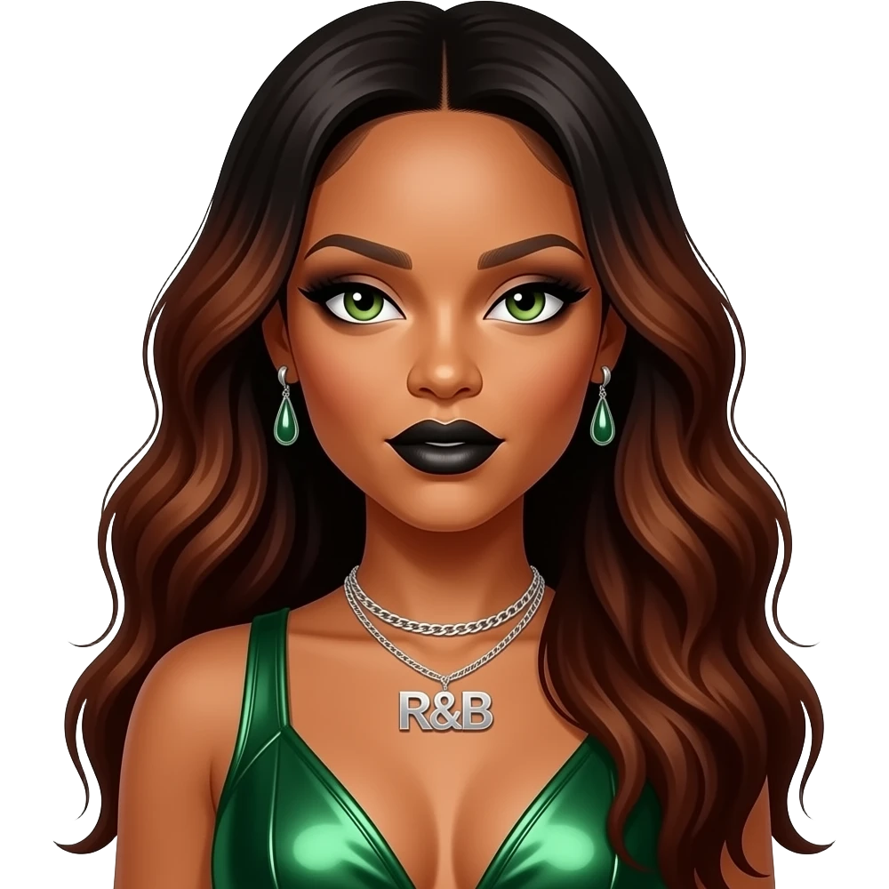 Rihanna with hazel-green eyes, long dark auburn hair, black eyeshadow and lipstick, green metallic R&B outfit, necklace and earrings emoji