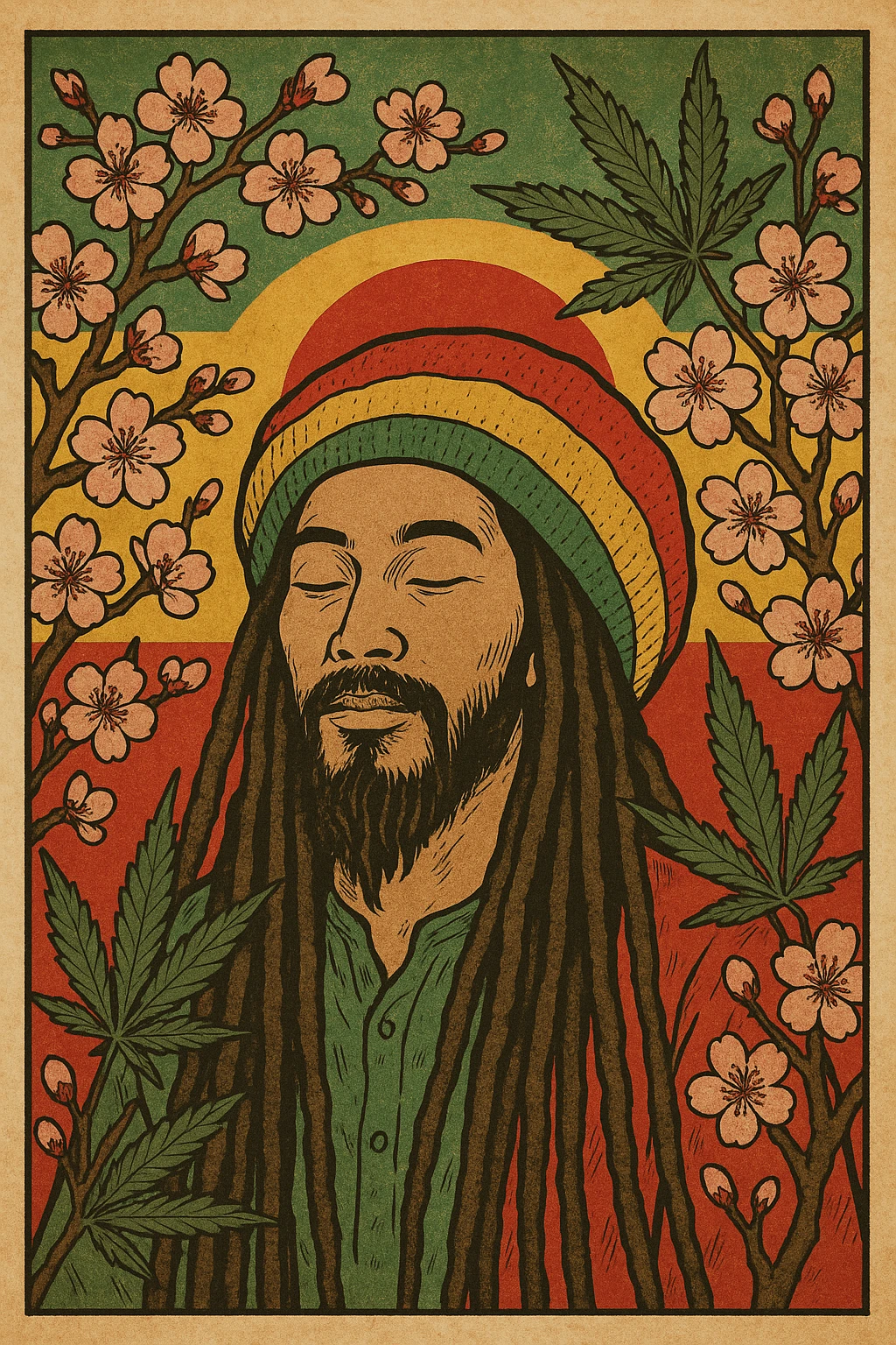 Vintage poster of an Asian Rasta with long dreadlocks, peaceful eyes, and a red-gold-green tam. Surrounded by cherry blossoms and ganja leaves. Background blends Rasta colors into an Asian flag (e.g., red sun from Japan or Chinese star). Retro reggae fusion vibe, with bold lines and aged paper texture.
 emoji