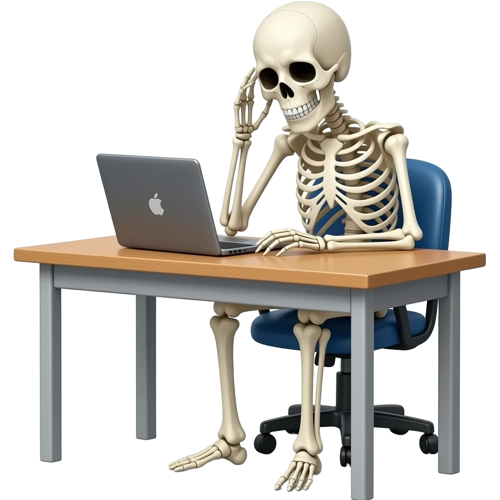 A skeleton sitting at the desk with a laptop, looking exhausted, view up to the waist, save real-life proportions emoji