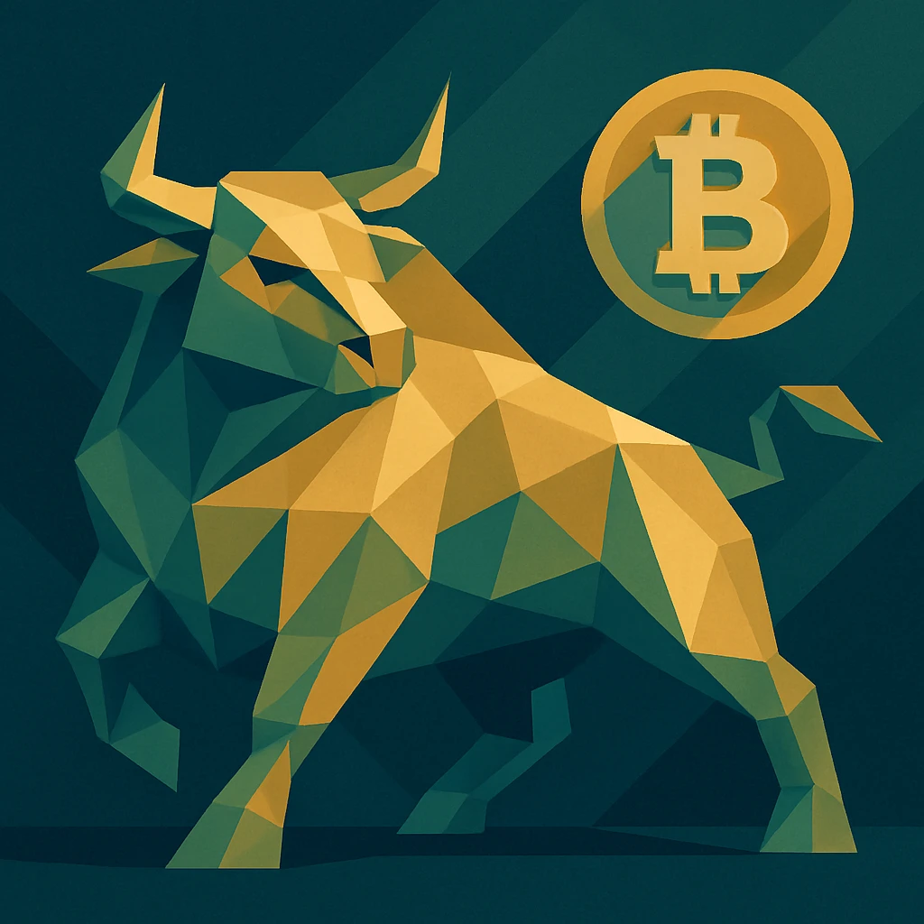 stylized illustration of a bull with cryptocurrency theme emoji