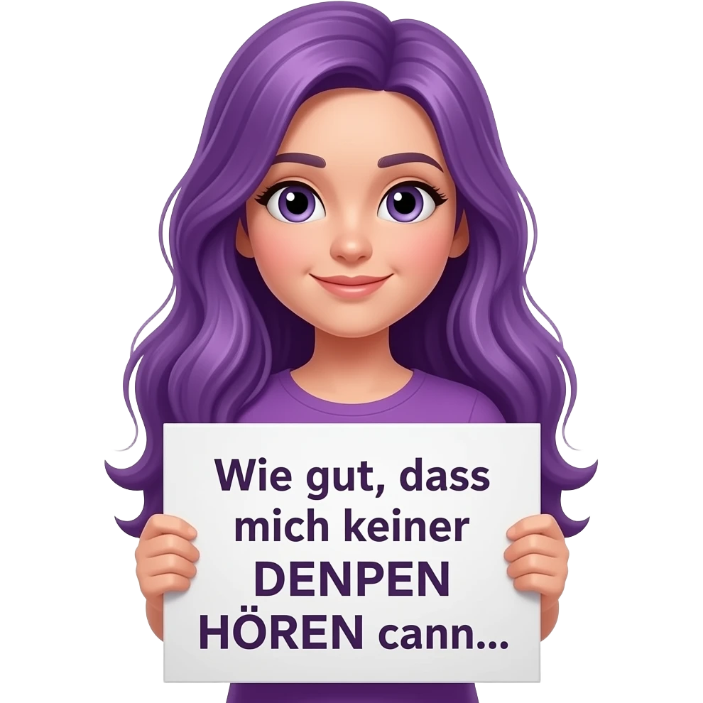 girl with long purple hair holding a Wie gut, dass mich keiner DENKEN HÖREN kann... sign emoji