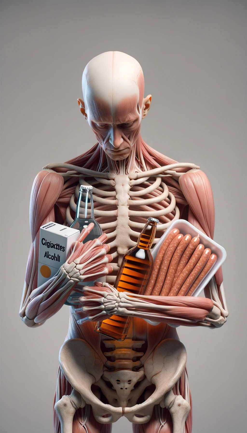 CORPO UMANO ANATOMICO CHE TRA LE BRACCIA SIGARETTE, ALCOL E WURSTEL CONFEZIONATI, LI GUARDA CON ESPRESSIONE INDECISA IN VOLTO, NEUTRAL CLEAR BACKGROUND, iperrealistico 4k emoji
