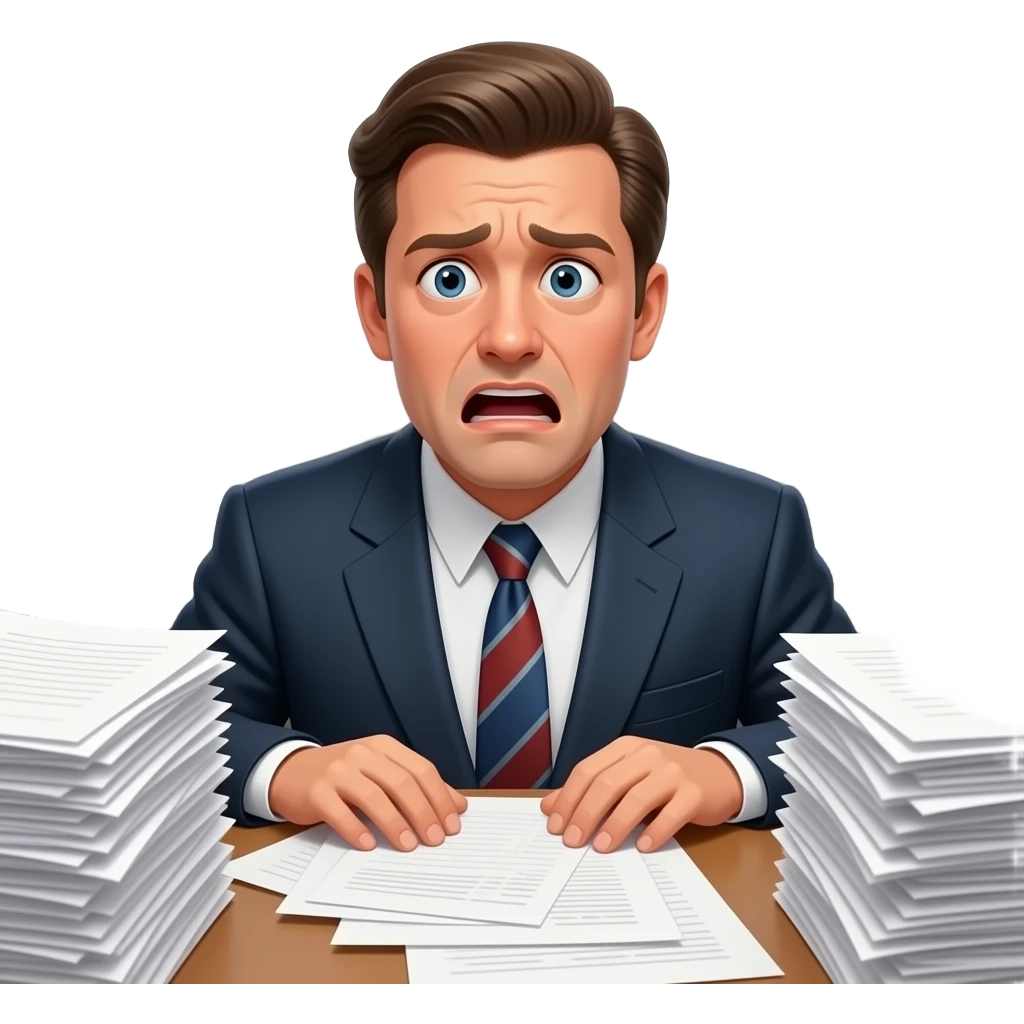 panicked business person 80s style, buried under paperwork emoji
