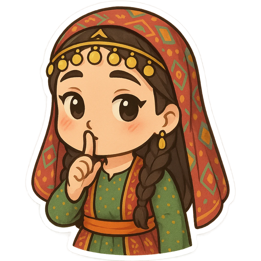 Kurdish man or woman in jamadani, cartoon style, making a 'shh' gesture with finger on lips, no text emoji