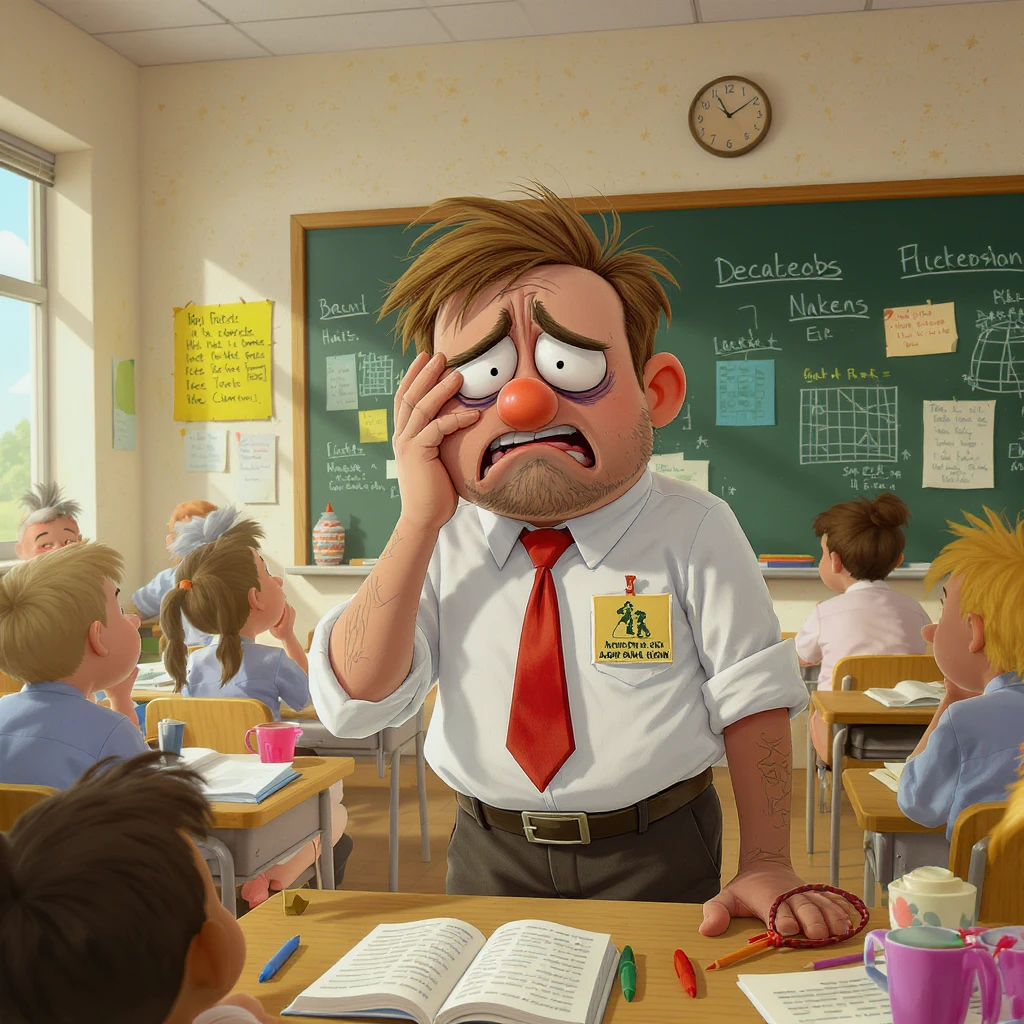 cartoon art of a exhausted teacher in a bustling classroom emoji