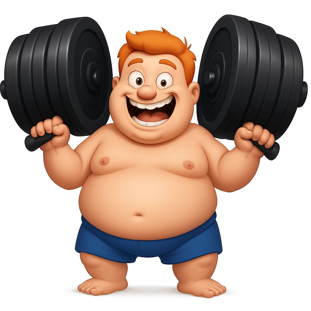 Make the dumbbells much larger while keeping the exaggerated and humorous style, preserving the comic and funny vibe. emoji