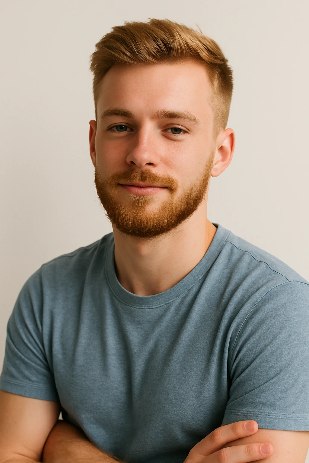 young blonde guy with a beard, modern haircut, relaxed pose, clean background emoji