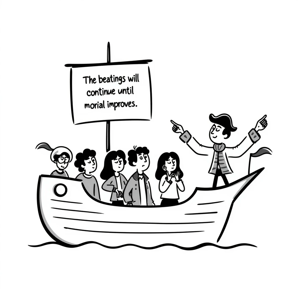 pirate ship with a crew looking miserable, while the captain cheerfully points to a sign: 'The beatings will continue until morale improves', hand-drawn doodle style emoji