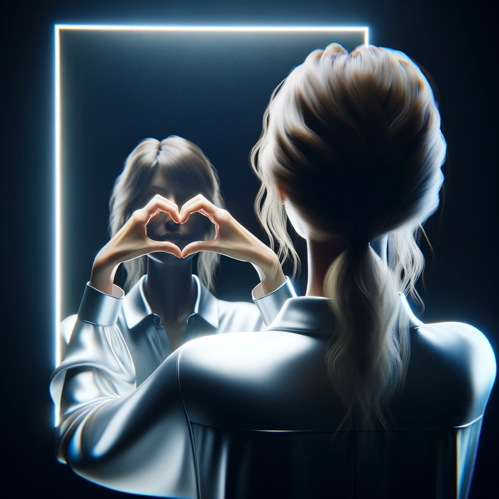 DONNA DI SPALLE CHE SI GUARDA ALLO SPECCHIO CREANDO UN CUORE CON LE MANI, iperrealistico 4k emoji