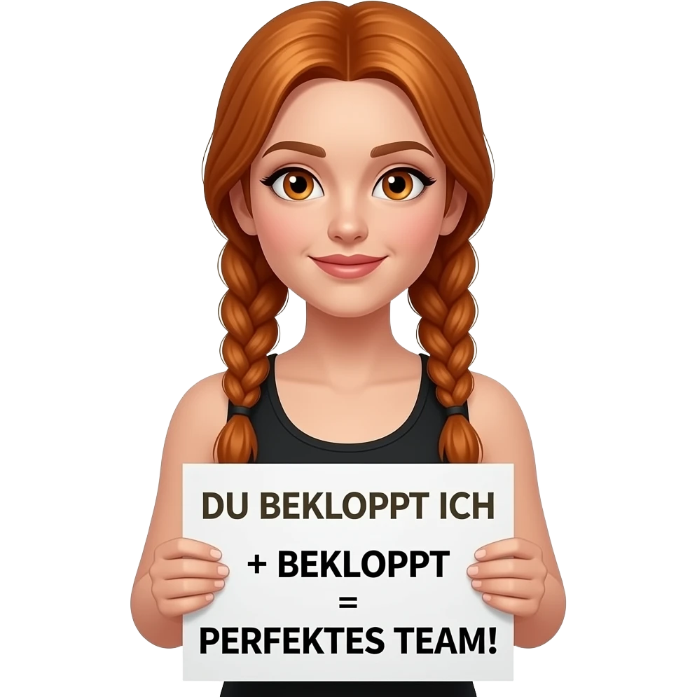 sexy girl with long ginger braids and ginger eyes wearing a black tanktop and is holding a white sign with DU BEKLOPPT ICH + BEKLOPPT = PERFEKTES TEAM! written on it emoji