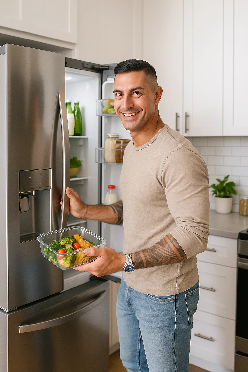 Uomo che mette nel frigo il suo pasto cucinato emoji
