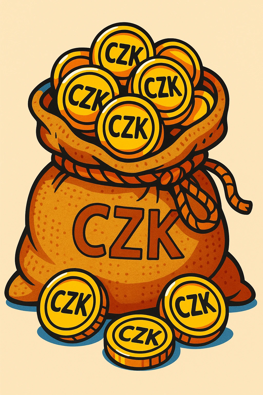 colorful cartoon style burlap sack overflowing with Czech koruna coins, CZK symbol visible emoji
