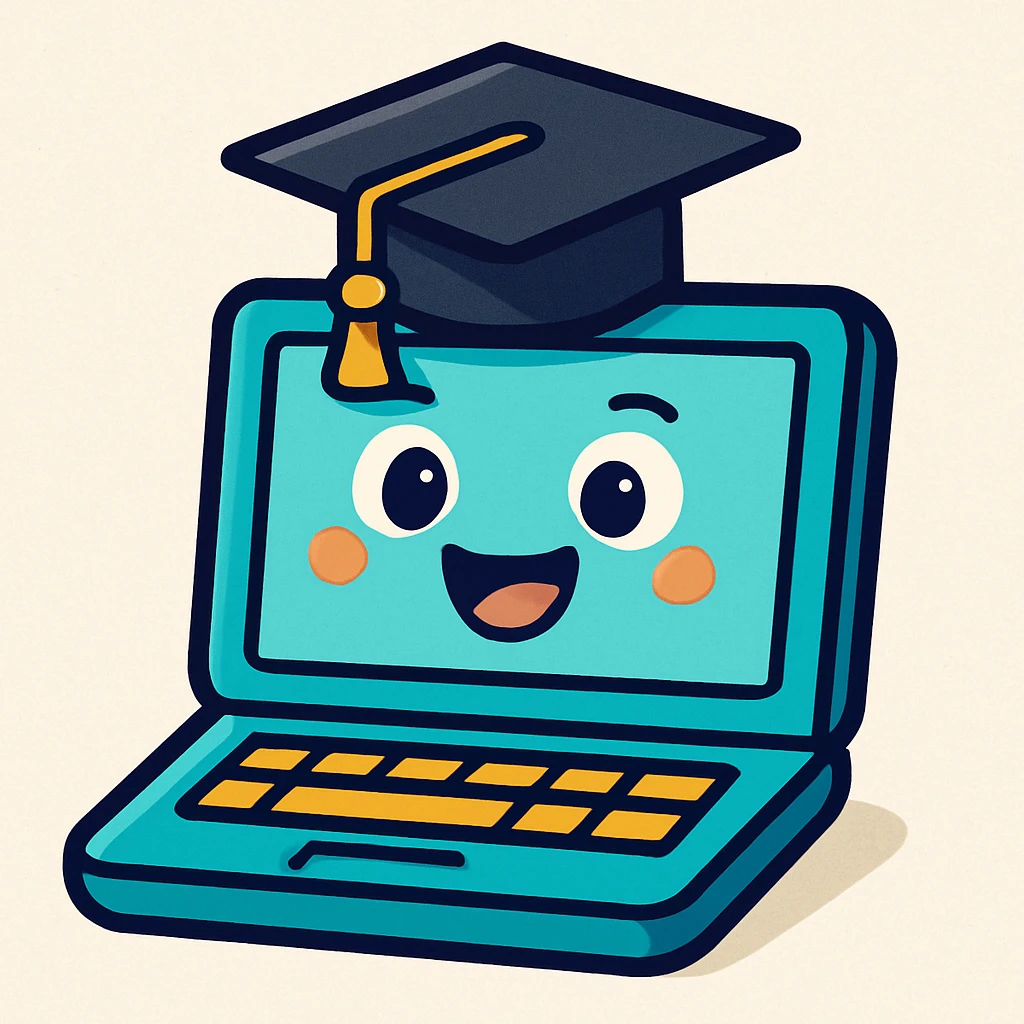 playful cartoon style laptop with a graduation hat emoji