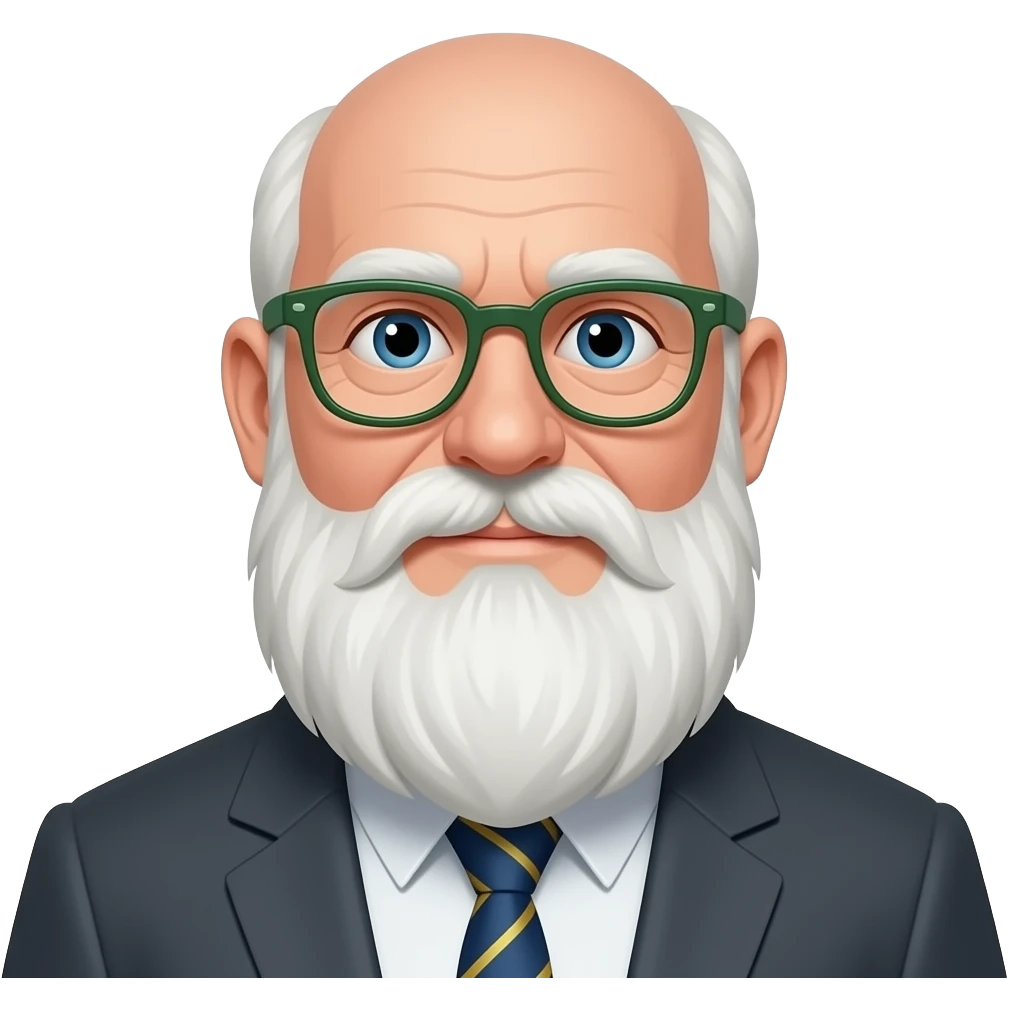 75 year old, white, 300 pound, thin framed glasses with green side arms and totally bald, no hair except for a full long white beard starting from bottom of ear lobe emoji