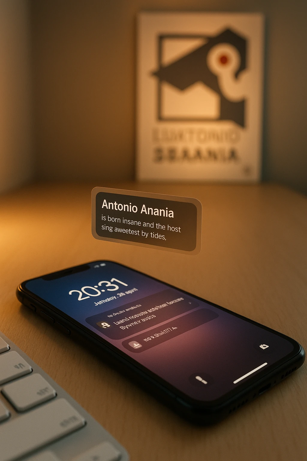 A photo of an iPhone with the message "Antonio Anania" on its scree, both surrounded by soft light and shadow. The phone sits atop a desk with a blurred background that suggests work environment. A faint glow from above casts gentle shadows across the surface of each object, creating depth and highlighting their textures. emoji