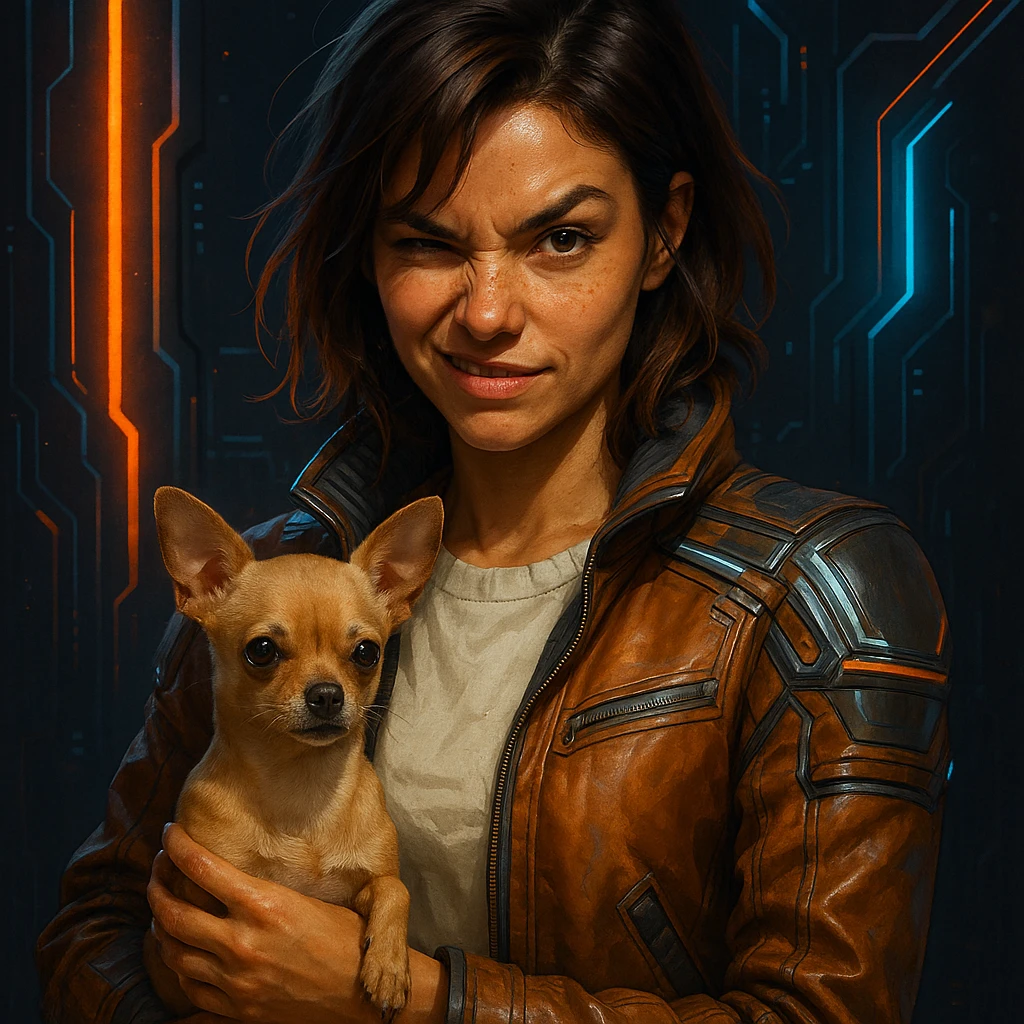 Portrait of a woman with tanned skin and subtle freckles, wearing a cream shirt and cognac jacket, medium-length brown hair with auburn highlights, rebellious and playful expression, futuristic style, holding a beige-brown chihuahua, dark background with neon lights, high-tech elements, metallic colors. emoji
