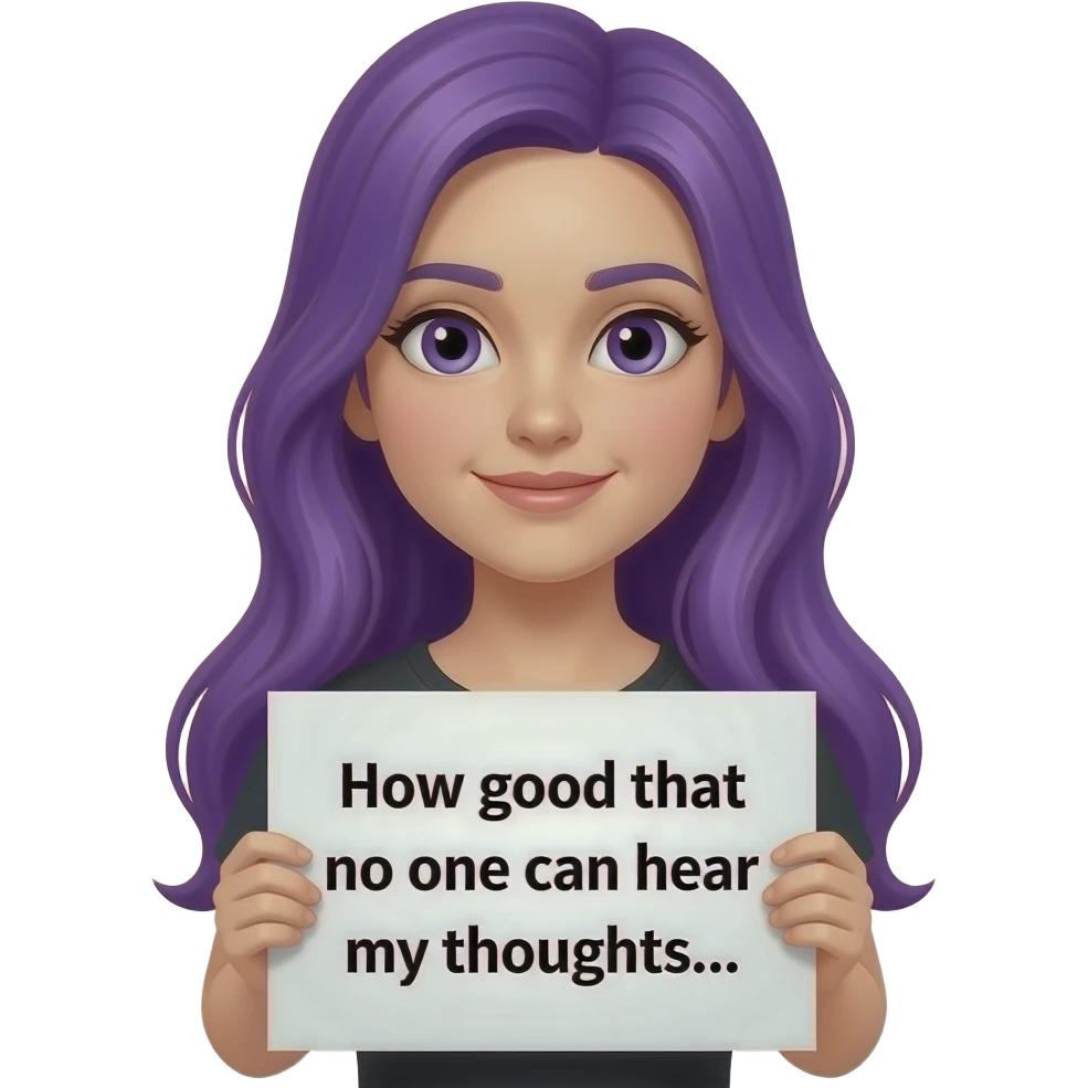 girl with long purple hair holding a Wie gut, dass mich keiner DENKEN HÖREN kann... sign emoji