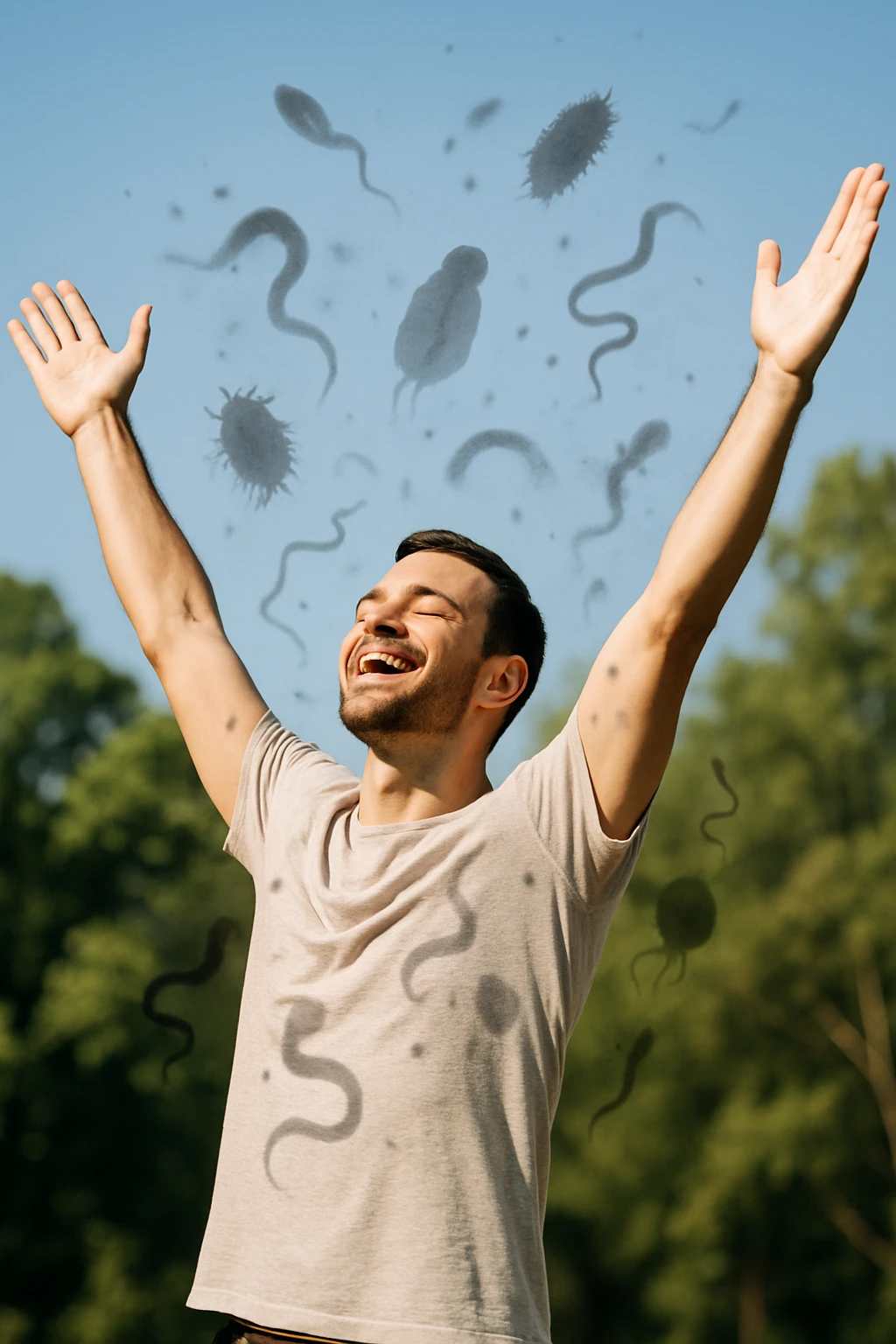 a man stands outdoors in bright sunlight, arms raised in relief and joy, while faint, shadowy silhouettes of parasites fall away from his body and dissolve into the air. His posture is upright and energetic, his expression serene and healthy. The background features green trees and a clear sky, emphasizing liberation and restored well-being. emoji