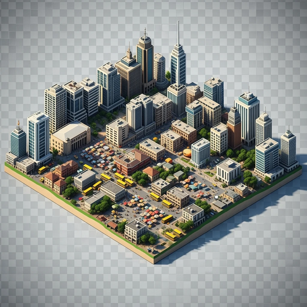 Isometric miniature of Lagos Nigeria 3D miniature effect and Tilt Shift effect, no cartoonish look, transparent background, don't cut angles emoji