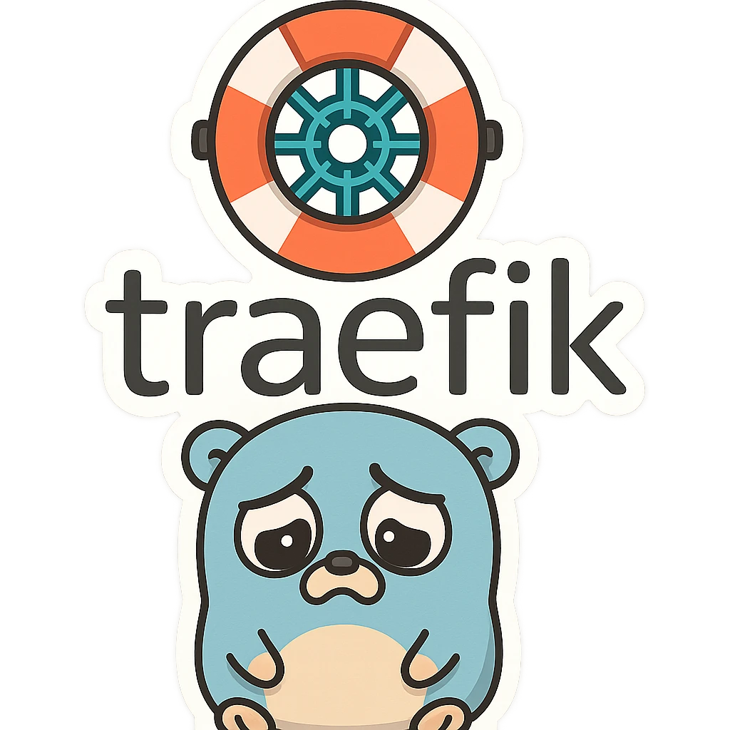 Traefik logo with a sad Go gopher, minimal, clear emotion, cartoon style emoji