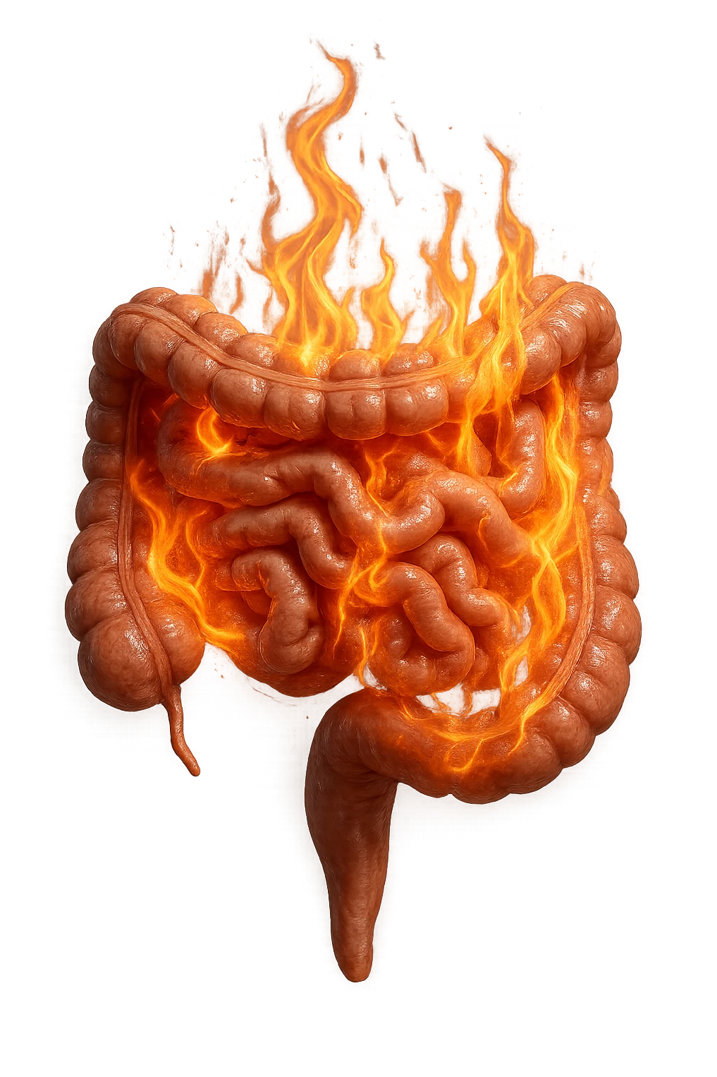 intestino umano anatomico realistico con fiamma, iperrealistico, non disegnato emoji