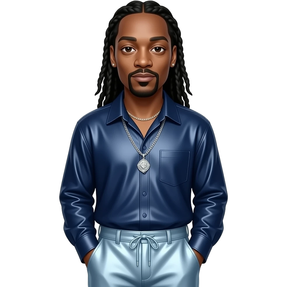 Snoop Dogg with long black hair, brown eyes, navy blue metallic shirt, light blue metallic baggy pants, necklace and earrings emoji