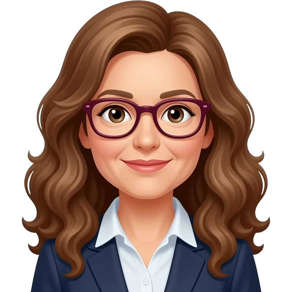 profesora informatica 50 años pelo muy rizado largo castaño piel clara gafas color burdeos emoji