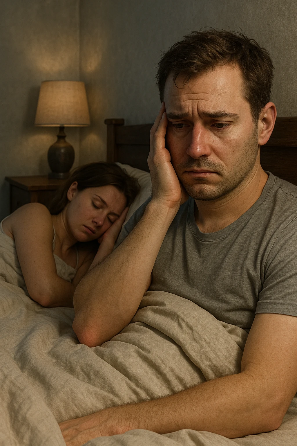 Vertical, hyper-realistic 3D cutaway illustration: uomo con difficoltà con la propria compagna nel letto, faccia depressa emoji