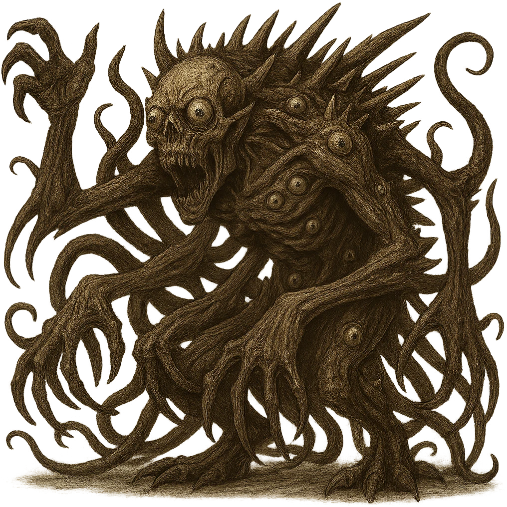 Add even more monstrous features to the monster in the image: extra limbs, eyes, horns, spikes, claws, and tentacles. Keep the monster huge, terrifying, realistic, grotesque, and with no background. emoji
