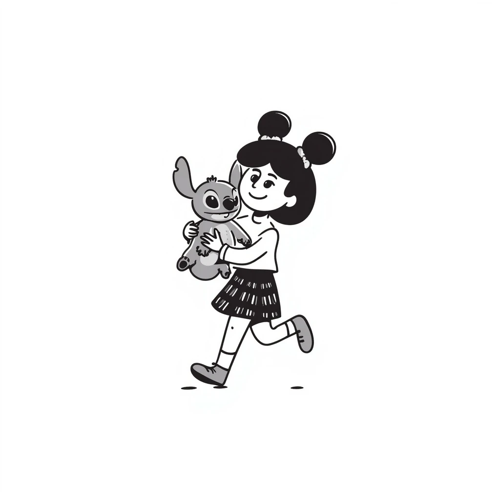 Lilo from Lilo & Stitch in a hand-drawn doodle style, simple black lines, holding a plush toy, cheerful expression emoji