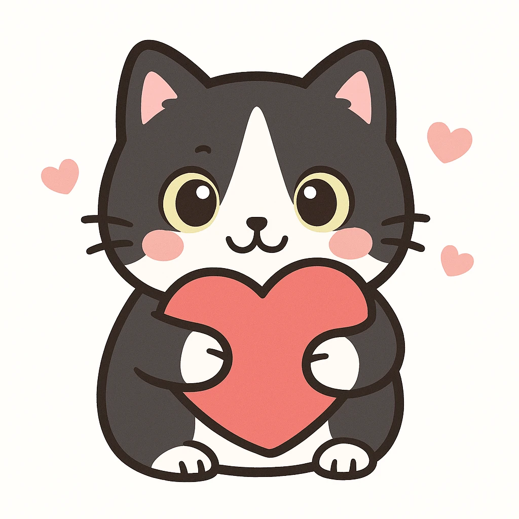 A kawaii style tuxedo cat with yellow-green eyes, white muzzle, and a symmetrical black patch on the forehead and around the eyes, hugging tightly a red heart on one side. Keep the kawaii style and details from the reference image. emoji